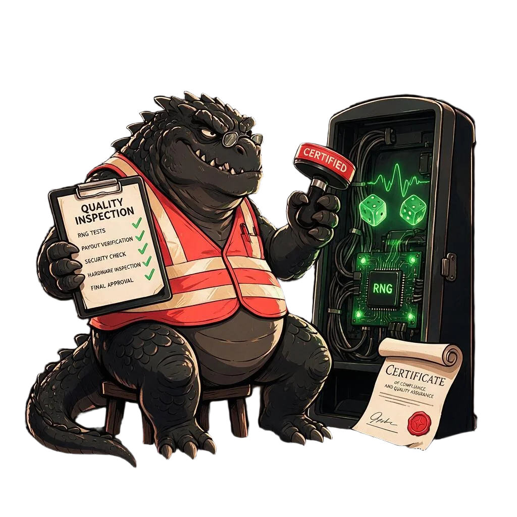 BetZillas mascot inspecting a slot cabinet against a compliance checklist