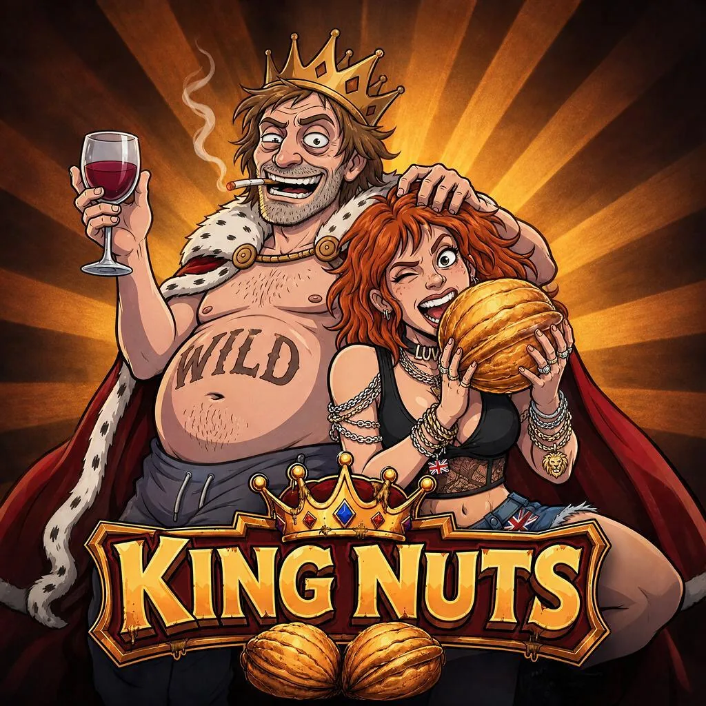 Kings Nuts slot key art — the nut king with a golden acorn hoard